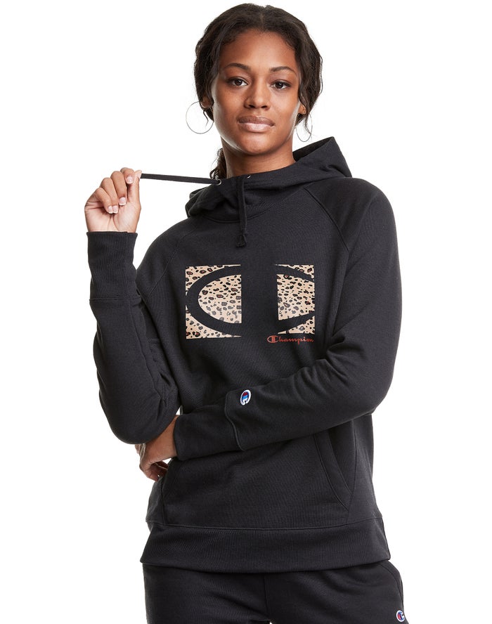 Champion Powerblend Fleece Leopard Colorblock Logo Hoodie Dames - Zwart - Belgie 8597GMEZK